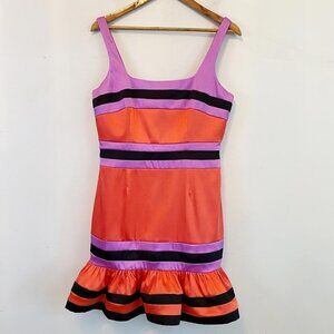 SEDUCE orange purple and black stripe ruffle mini dress